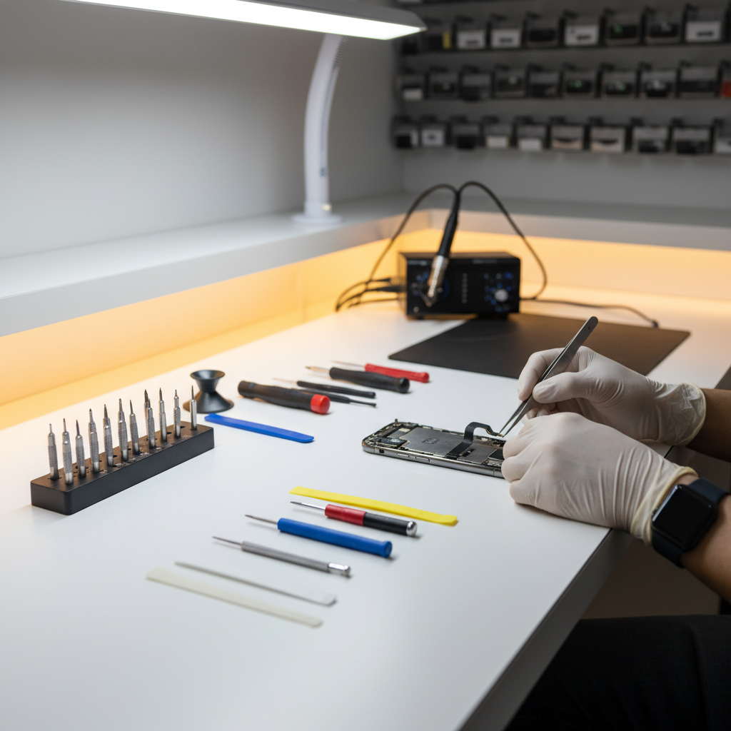 Trusted Apple Repair Near Me Pune | iPhone MacBook iPad Watch Apple repair near me Pune - technician repairing iPhone screen in Pune workshop